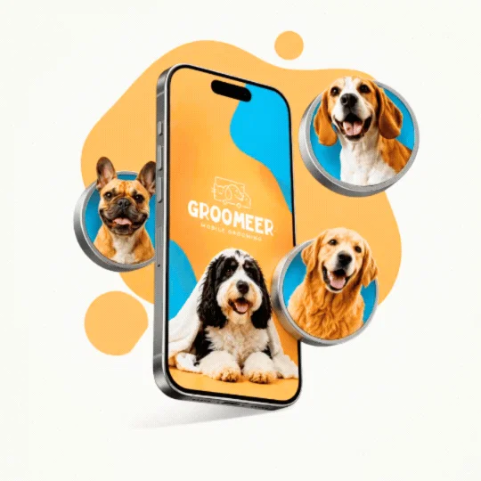 Smartphone screen displaying the Groomeer logo, surrounded by floating circular portraits of a beagle, a golden retriever, and a spaniel.